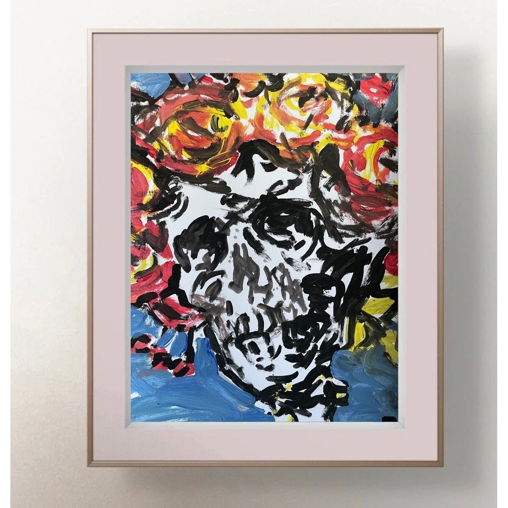 Original Abstract Skull and Roses Painting 9x12 Bertha Grateful Dead Folk Art